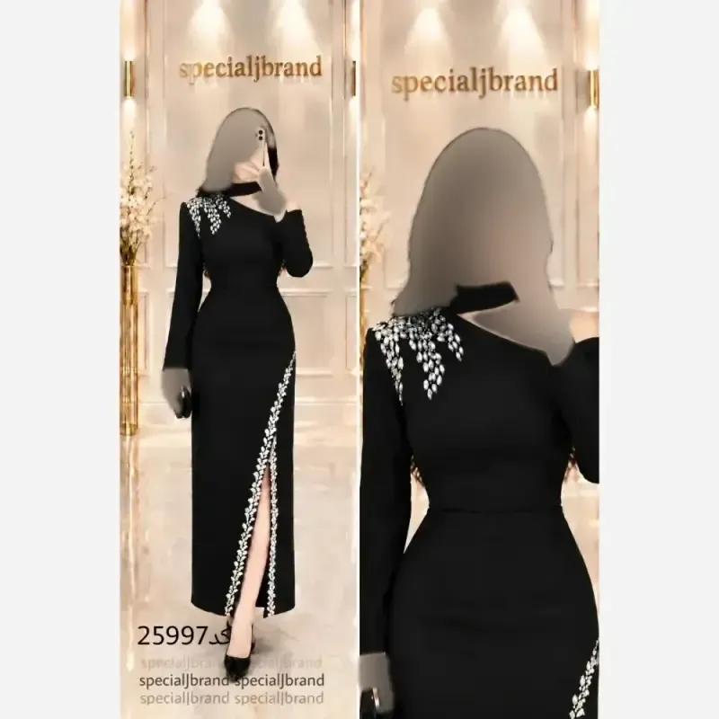 پیراهن مجلسی زنانه میدی مانیسا رنگ مشکی جنس غواصی و سنگدوزی دست سایز 38 تا 48