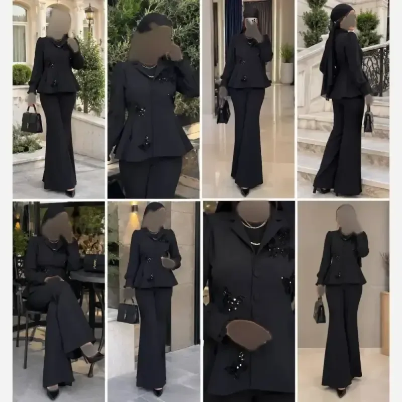 کت و شلوار مجلسی زنانه جواهردوزی مدل شیما رنگ مشکی پارچه مازراتی و آستین حریر ضخیم