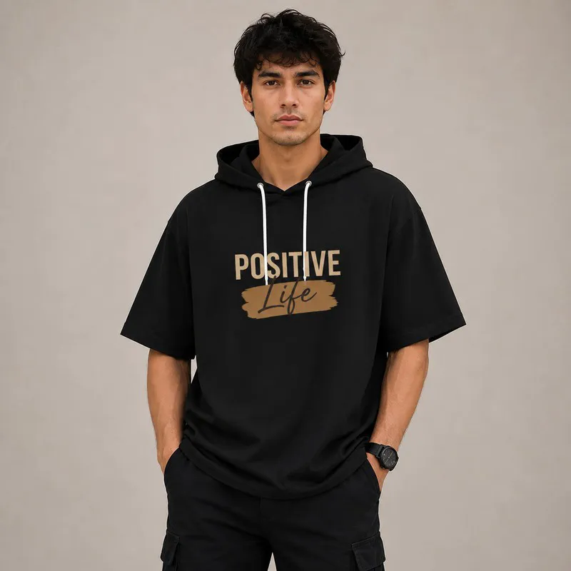 تی شرت مردانه کلاه دار پنبه ای طرح حروف مدل positive