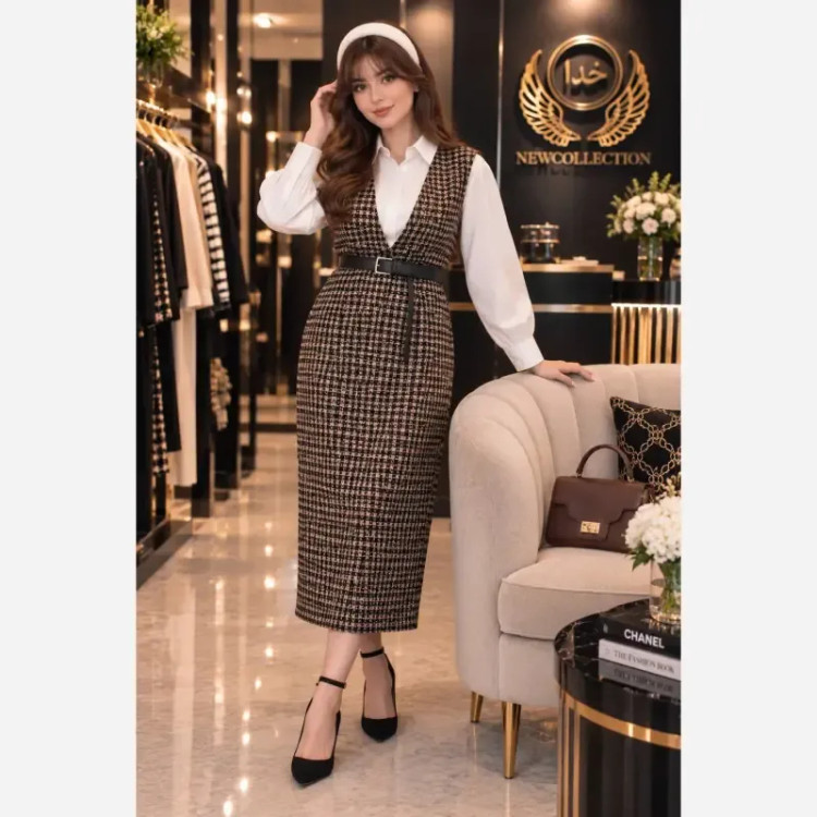 ست شومیز و سارافون زنانه جنس پیردوبل و اسکاچی فری سایز 38 تا 46